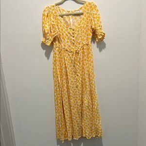 Faithful The Brand Linnie Midi Yellow Floral Dress Puff Sleeve size 6